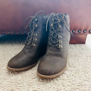 Brown wedges combat booties